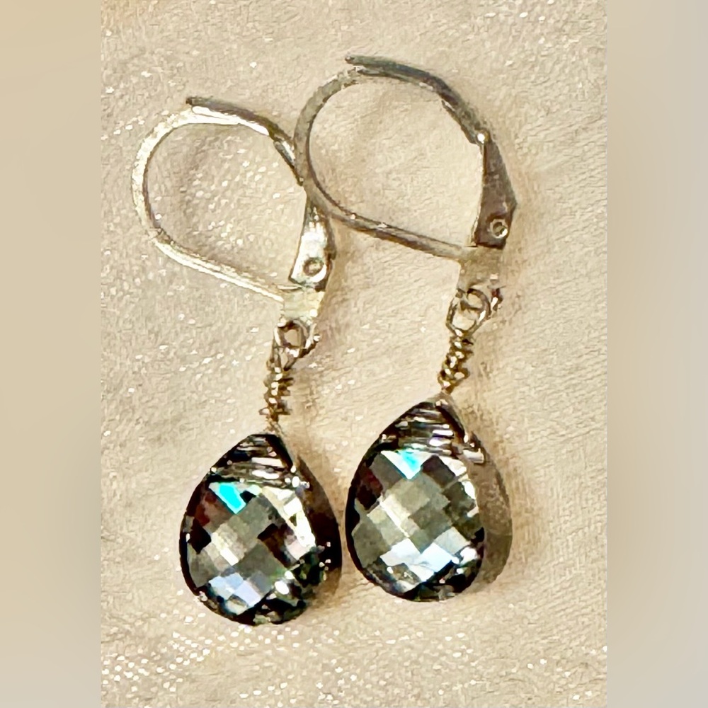 Earrings - sterling silver leverback dangle mirror-back faceted - Picture 6 of 8